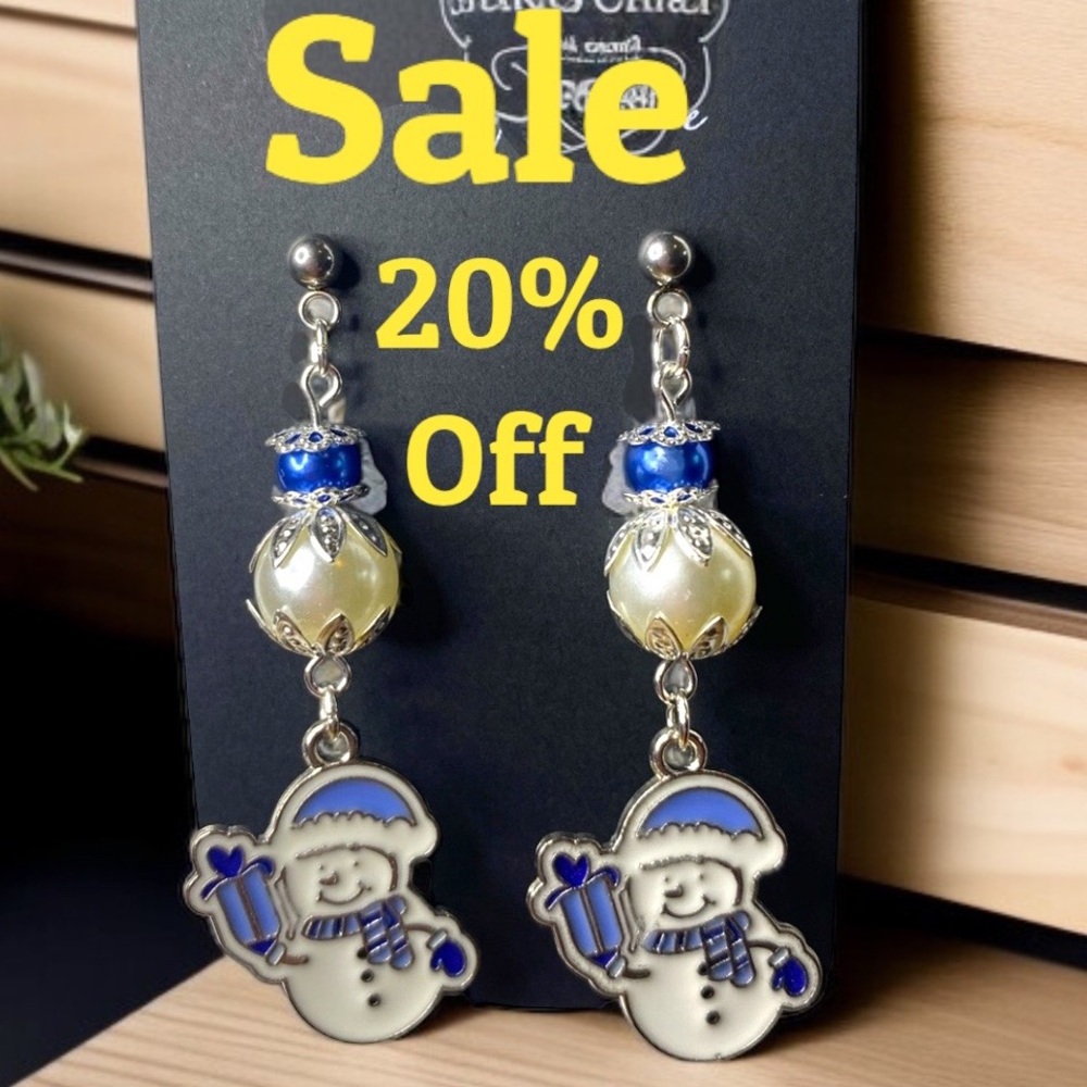 Handmade Snowman Earrings - Blue and White